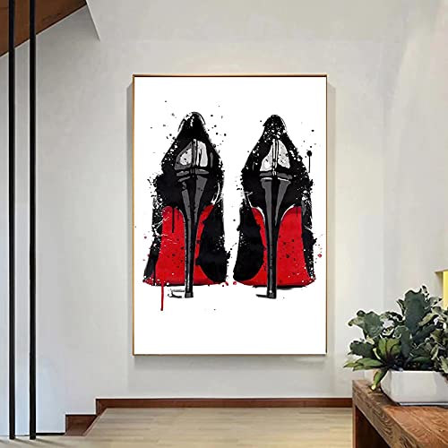 Yooyu Schwarz und Rot Schuhe mit hohen Absätzen Leinwand Gemälde Luxus High Heels Poster Drucke Wandkunst Bilder für Wohnzimmer Dekor 70x90cm(28x35in) mit Rahmen von Yooyu