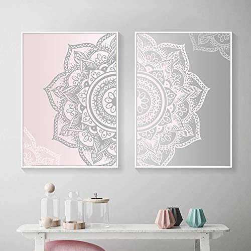 Yooyu Wandkunst Bilder Zusammenfassung Rosa Grau Böhmen Runde Blumen Leinwand Poster und Druck Gemälde für Wohnzimmer Home Decor 60x80cmx2 Rahmenlos von Yooyu