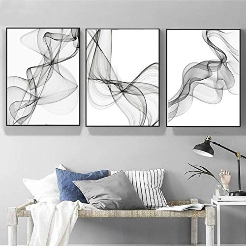Yooyu Wandkunstbilder Schwarz-Weiß Geometrische Abstrakte Wellenlinien Muster Leinwand Poster Druck für Wohnzimmer Wohnkultur 50x75cm(20x30in) x3 Rahmenlos von Yooyu
