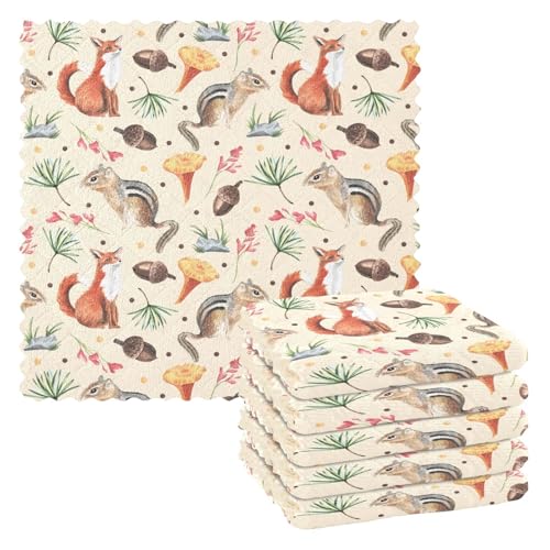 Yopersonalizes Reinigungstücher, 6 Stück, Eichhörnchen, Fuchs, Pilz, Geschirrtuch für Küche, Geschirrtücher zum Abwaschen, saugfähig, wiederverwendbar, Catering, Bar, Geschirrtuch für Zuhause, von Yopersonalizes
