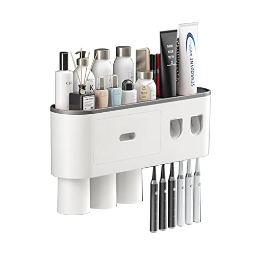 Zahnbürstenhalter Wandmontierter mit Automatischer doppeltem, Wand platzsparendem Zahnbürstenhalter, Zahnpastaspender, 3 Fächern und Schublade fürs Badezimmer, 6 Fächer für Zahnbürsten und 3 Fächer Zahnbürstenhalter Wandmontierter mit Automatischer doppeltem, Wand platzsparendem Zahnbürstenhalter, Zahnpastaspender, 3 Fächern und Schublade fürs Badezimmer, 6 Fächer für Zahnbürsten und 3 Fächer von Yopption