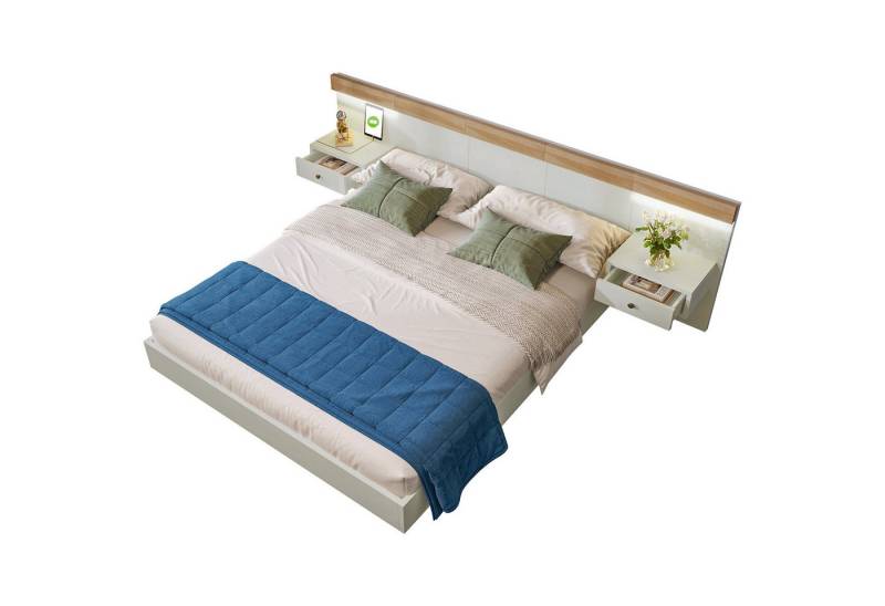 Yorbay Bettanlage Weiß Doppelbett mit 2 LED Nachtkommoden&USB C Steckdose, Holzbett inkl. 2 Nachttischen Komplett Set für Schlafzimmer Hotel von Yorbay