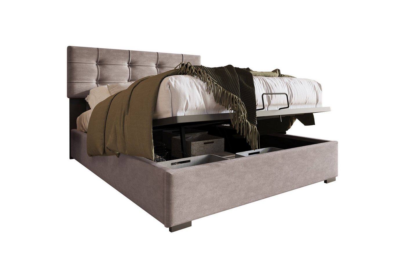 Yorbay Boxspringbett mit Bettkasten, Einzeltbett mit Verstellbarem Kopfteil großer Stauraum, 140x200cm Hydraulisch Polsterbett Samt mit Metall-Lattenrost Hellgrau von Yorbay