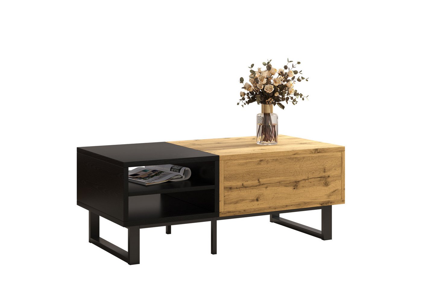 Yorbay Couchtisch 2 Farbe Couchtisch mit 3 Fächern, Schubladen, Metallbeine, Wohnzimmertisch mit Farbblockstruktur 100x50x40cm(BxTxH) von Yorbay