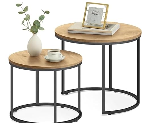 Yorbay Couchtisch Rund 2er Set, 2 in 1 Verschachtelung Beistelltisch, Moderne Couch Tisch mit Schwarz Metallgestell, Kaffeetisch für Wohnzimmer 60 * 60 * 46 cm & 46 * 46 * 40 cm (Eiche hell) von Yorbay