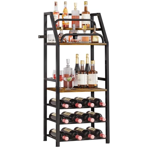 Yorbay Freistehendes Weinregal mit Erweiterte Regale: 3-Stöckiges Flaschenregal für 12 Flaschen - Metall-Holz Weinflaschenhalter mit Geländer und Lagerbereich für Bar Küche Esszimmer von Yorbay