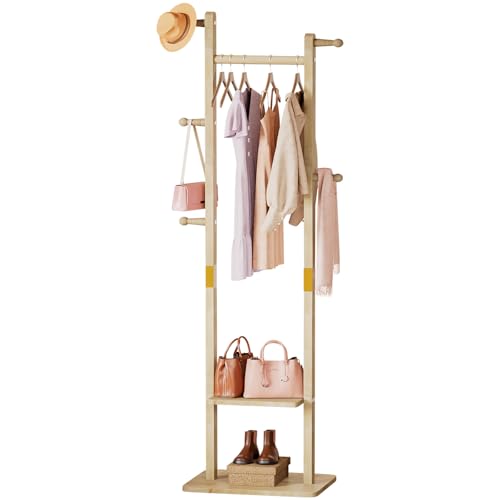 Yorbay Garderobenständer Holz Freistehende Kleiderständer: mit Ablagen Haken Kleiderstange - Massivholz Garderobe für Kleidung Hut Jacken Tasche - für Wohnzimmer Schlafzimmer (38cm) von Yorbay
