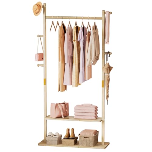 Yorbay Garderobenständer Holz Freistehende Kleiderständer: mit 2 Ablagen, 5 Haken, 1 Kleiderstange, Garderobe für Kleidung Hut Jacken Tasche, für Wohnzimmer (78cm) von Yorbay