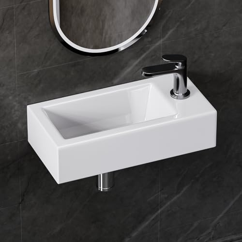 Yorbay Hängend Klein Keramik Waschbecken: Eckig Wandmontage Wandwaschbecken mit Rechtem Wasserhahnbohrung - Weiß Waschtisch für Badezimmer ohne Armatur 37 x 18 x 9 cm von Yorbay