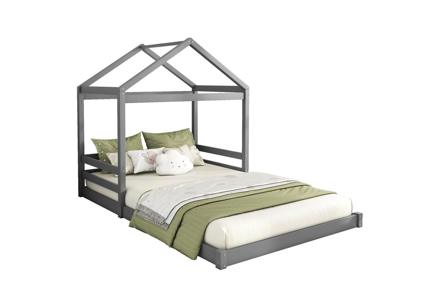 Yorbay Hausbett Kinderbett 140 x 200cm (Kiefernholz, Rausfallschutz, Lattenrost), Weiß/Grau von Yorbay