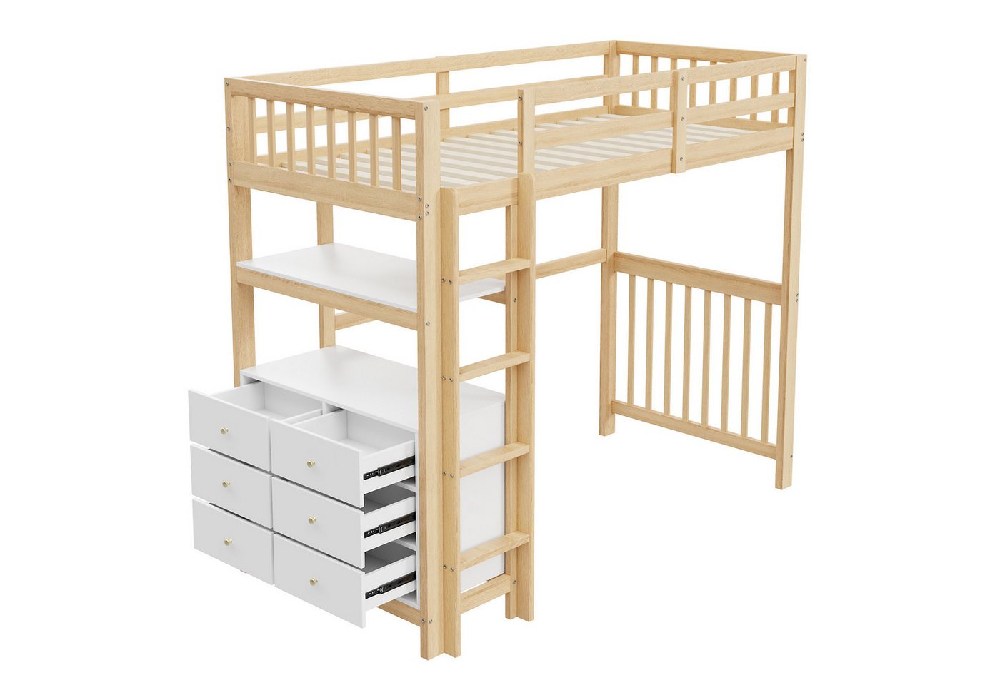 Yorbay Hochbett mit Schubladen und Regalen 90x200 cm hohes Zaundesign, Lattenrost, Kiefernholz von Yorbay
