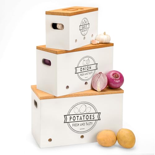 Yorbay Kartoffel Aufbewahrungsbox Holz 3er Set kartoffel aufbewahrung Knoblauch und Zwiebel Aufbewahrung, Kartoffel Vorratsdosen Set Kann Gemüse für eine Lange Zeit lagern (Weiss) von Yorbay