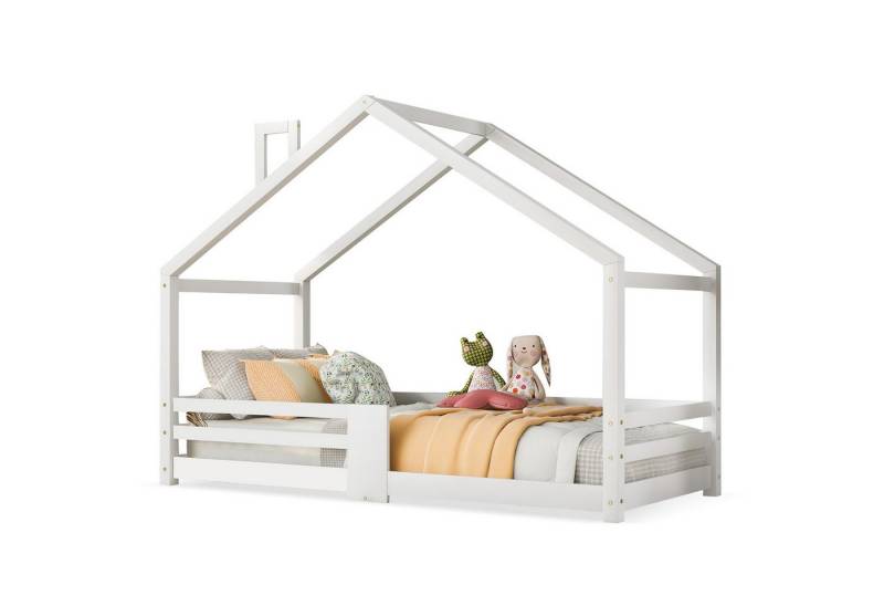Yorbay Kinderbett Jugendbett Hausbett 90x200 cm (mit Schornstein-Design), Kiefernholz-Bett inkl. 4-Seiten-Rausfallschutz & Lattenrost von Yorbay