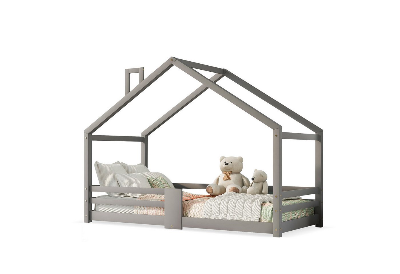 Yorbay Kinderbett Jugendbett Hausbett 90x200 cm (mit Schornstein-Design), Kiefernholz-Bett inkl. 4-Seiten-Rausfallschutz & Lattenrost von Yorbay