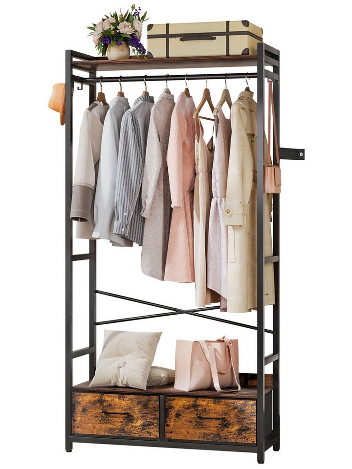 Yorbay Kleiderständer Garderobenständer mit 2 Schubladen & Aufbewahrungsbox,84x30x181 cm, 180kg Traglast,Retro Design für Schlafzimmer, Flur von Yorbay