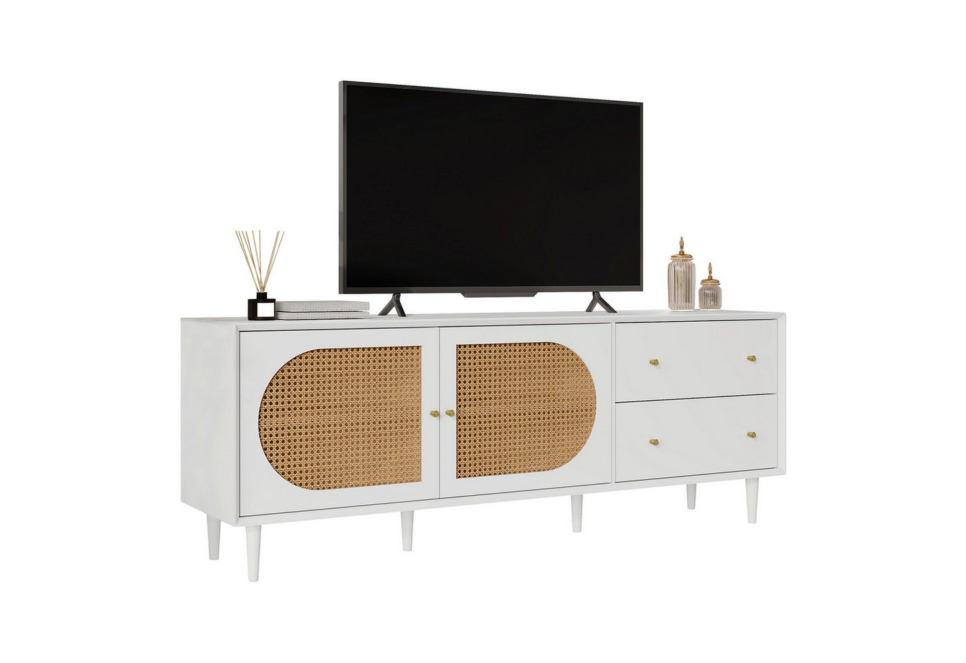 Yorbay Lowboard TV-Schrank (2 Schubladen, 2 Türen mit stilvollem Rattandesign), für Fernseher bis zu 80 Zoll von Yorbay