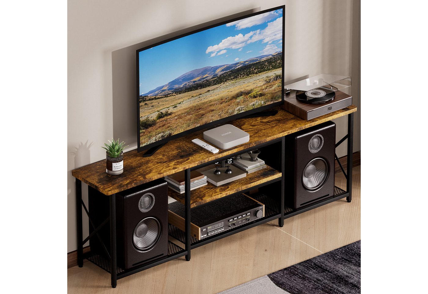 Yorbay Lowboard TV Schrank für Fernseher bis zu 70 Zoll,160 Breite mit offene Fächer, Schwarz & Retro Holzfarben - Für Wohnzimmer & Schlafzimmer von Yorbay