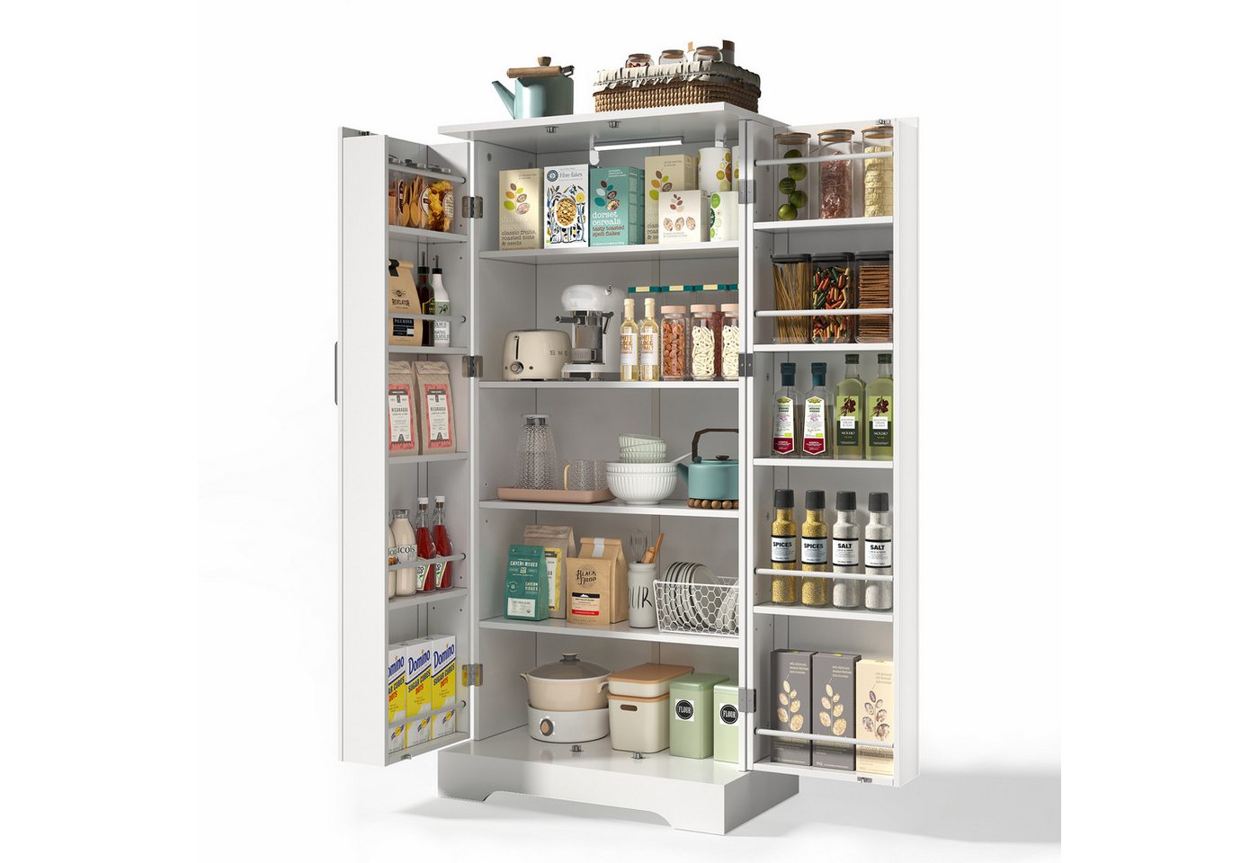Yorbay Mehrzweckschrank Küchenschrank mit LED-Sensorlicht & höhenverstellbaren Regalen (60x35x128 cm) Freistehender Vorratsschrank mit Doppeltüren für Küche & Wohnzimmer von Yorbay