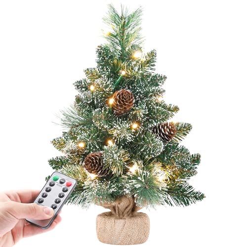Yorbay Mini Weihnachtsbaum mit Beleuchtung LED und weißem Schnee, 40cm Tannenbaum mit Stern-Baumspitze und echtem Kiefernzapfen, für Weihnachten Dekoration, Advent von Yorbay