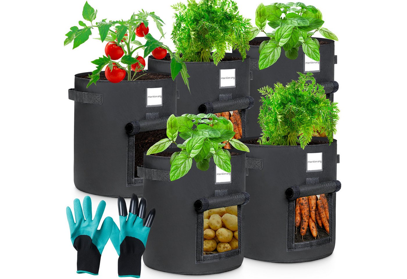 Yorbay Pflanzkübel 5x Pflanzsack aus Vliesstoff, 35L/60L auswählbar, Pflanzen Tasche (Mit 1 Paar Gartenhandschuhe), Pflanztopf Pflanzensack für Kartoffeln,Tomaten,Blumen,Pflanzen,Gemüse von Yorbay