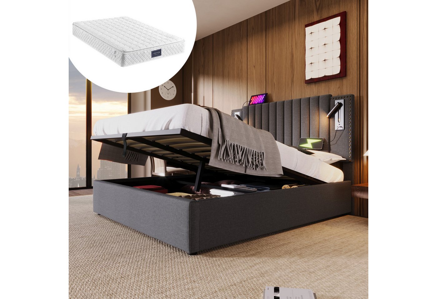 Yorbay Polsterbett Hydraulisches Doppelbett Bettkasten mit Stauraum, USB Ladefunktion, Rückenlehne mit Nietendesign, 140x200 cm, Grau, mit Matratze von Yorbay