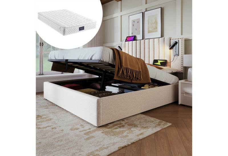 Yorbay Polsterbett Hydraulisches Doppelbett Bettkasten mit Stauraum, USB Ladefunktion, Rückenlehne mit Nietendesign, 160x200 cm, Beige, Ohne Matratze von Yorbay