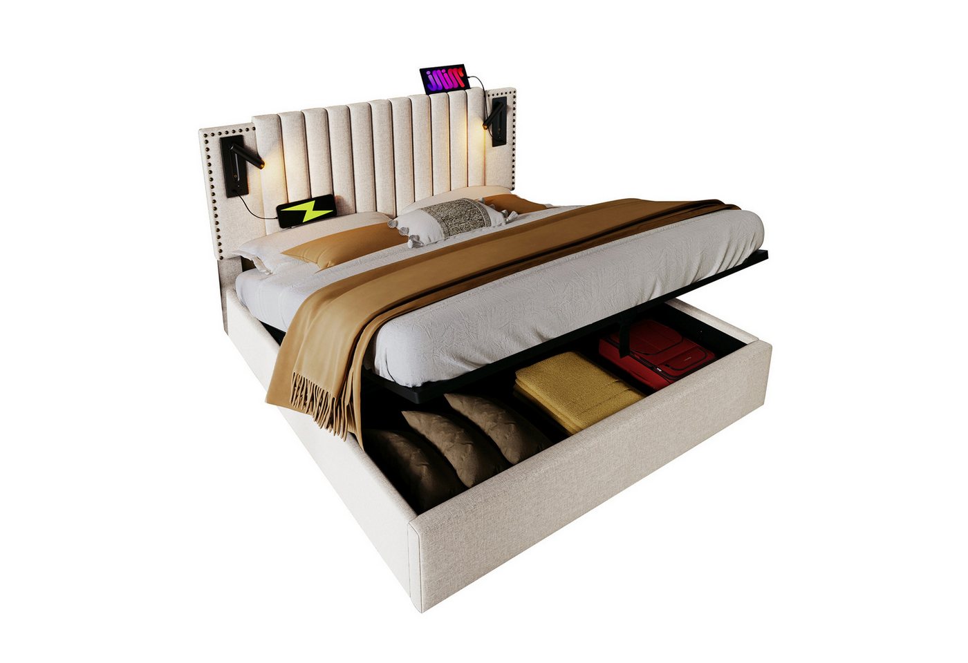 Yorbay Polsterbett Hydraulisches Doppelbett Bettkasten mit Stauraum, USB Ladefunktion, Rückenlehne mit Nietendesign, 180x200 cm, Beige, Ohne Matratze von Yorbay