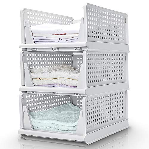 Yorbay Schubladenbox, 3er Set, Stapelbare Kleiderschrank Organizer, Regal Aufbewahrungsbox, Trennwand Stapelschubladen für Kleidung Küchen Schlafzimmer, Weiß (Groß: 43 x 33 x 19 cm) von Yorbay