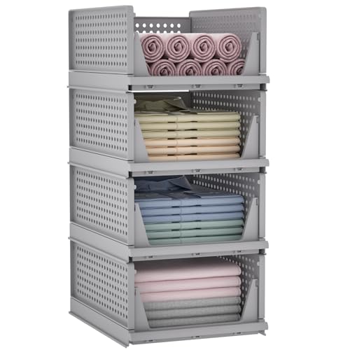Yorbay Schubladenbox Stapelbare Kleiderschrank Organizer, Regal Aufbewahrungsbox, für Kleidung Küchen Schlafzimmer (4, Grau) von Yorbay