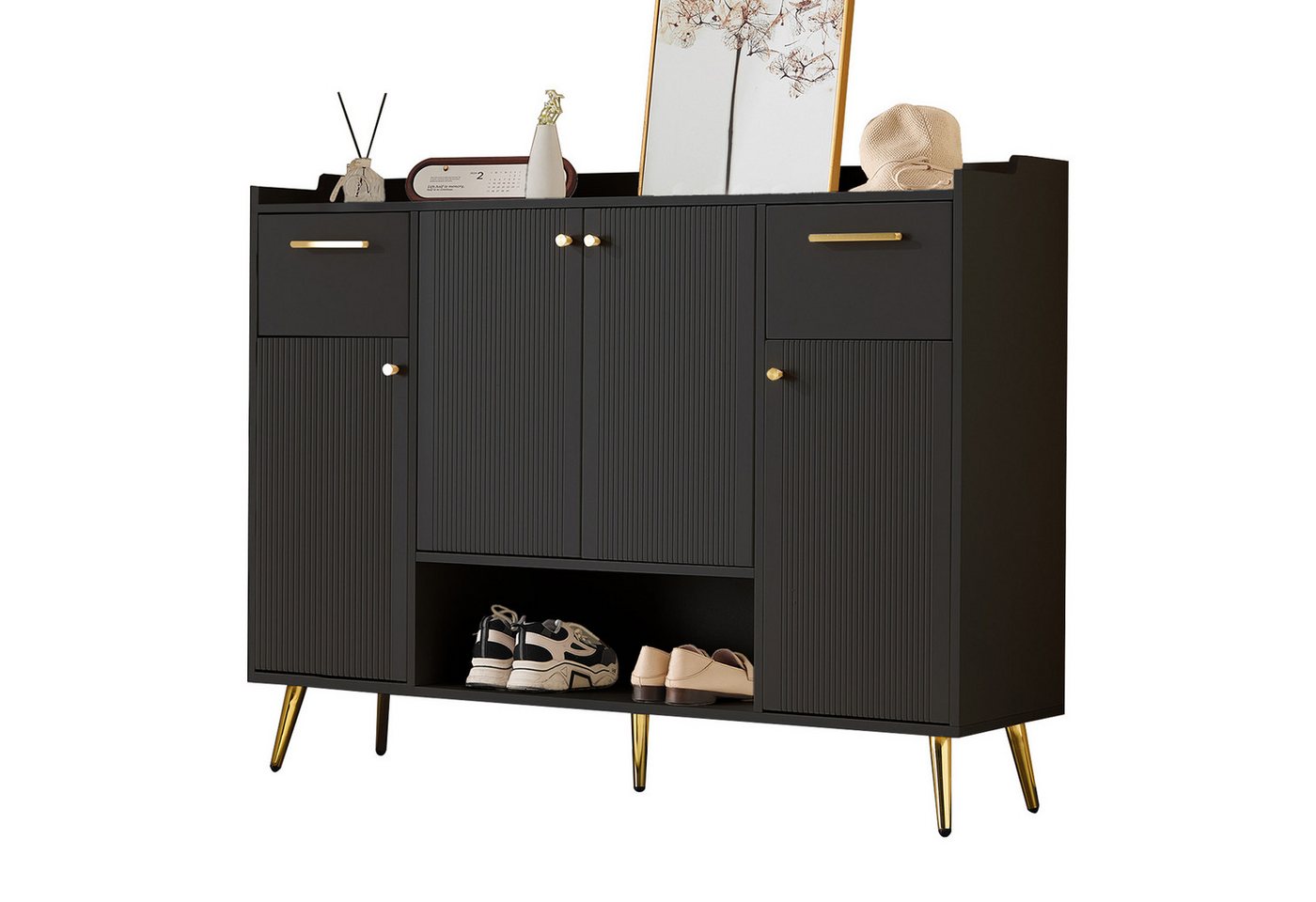 Yorbay Schuhschrank mit 4 Türen, 2 Schubladen, 5 Metallfüße, 130x37x100cm (Aufbewahrungsschrank mit verstellbaren Regalen, Metallgriffen) Schuhregal Kommode für Eingangsbereiche, Flure, Wohnzimmer von Yorbay