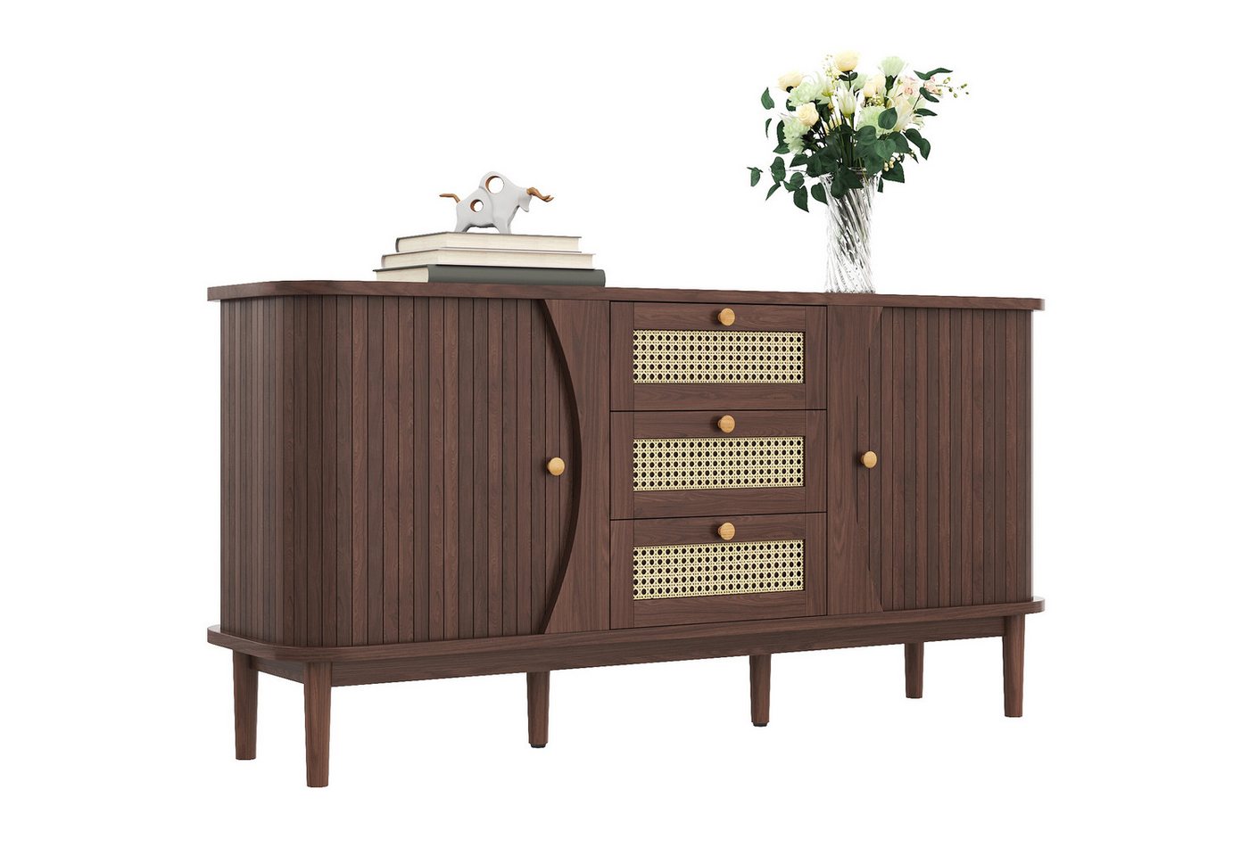 Yorbay Sideboard Landhaus Stil Kommode mit 3Rattan Schubladen und 2 Schiebtüren, mit Beine und Griffe aus massivem Holz, 140,5x40x76cm(BxTxH), Holzfarb von Yorbay