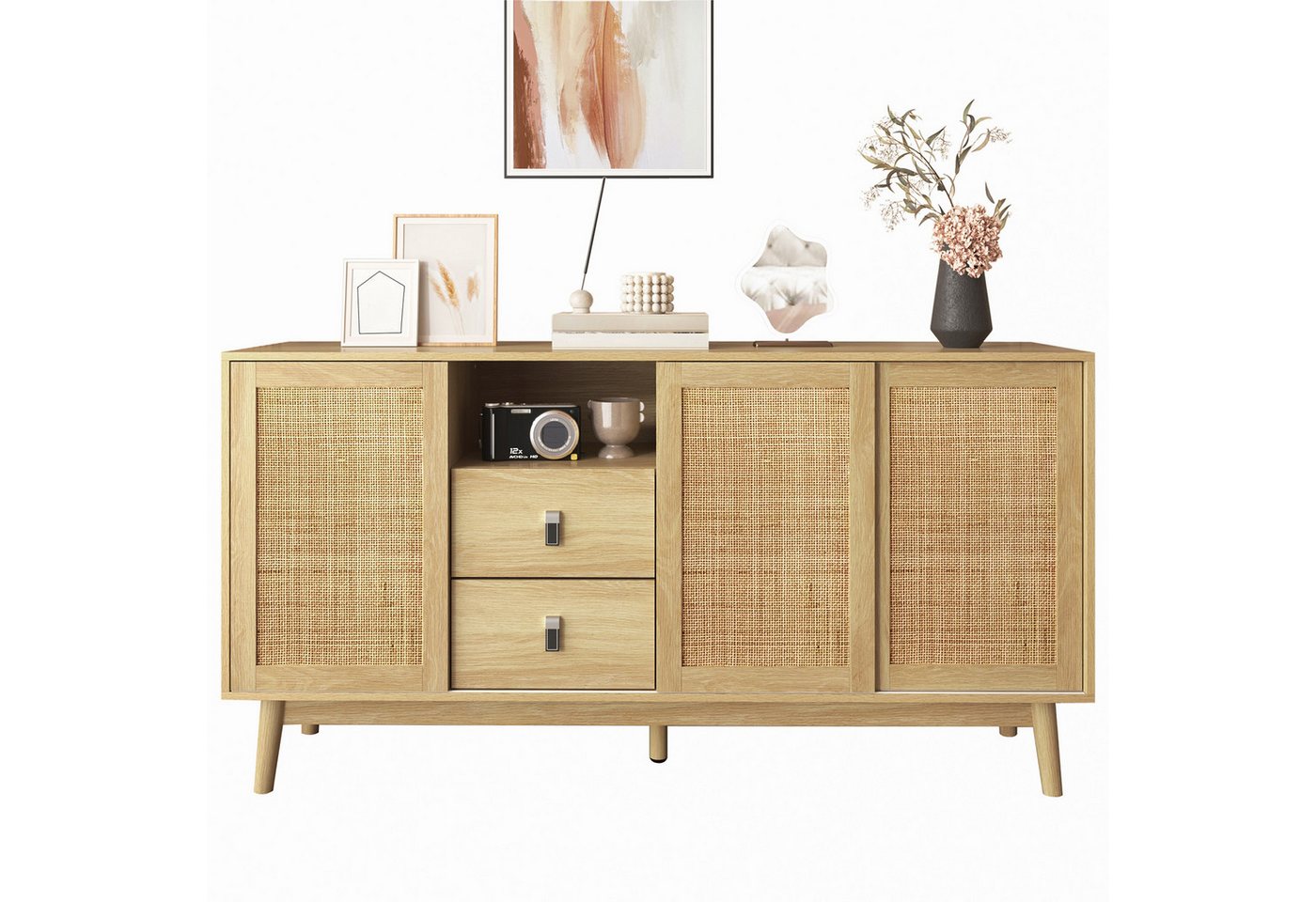 Yorbay Sideboard aus echtem Rattan, Landhaus & Scandi Design, mit 3 Schiebetüren aus Rattan und 2 Schubladen, 155x38x80 cm von Yorbay