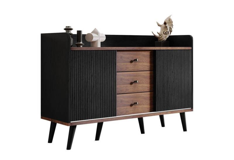 Yorbay Sideboard mit 3 Schubladen & Schiebetüren (117,5 x 39,5 x 79 cm), Moderne Holzfarbe-Sideboard mit metallenen Griffen von Yorbay