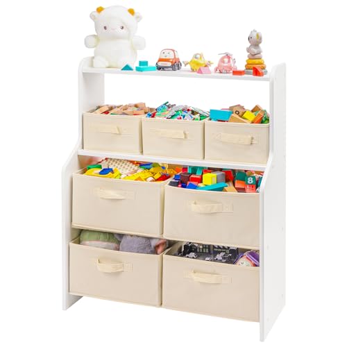 Yorbay Spielzeugregal, Kinderzimmerregal mit 7 Aufbewahrungsbehältern zur Aufbewahrung von Spielzeug, 4-Stöckiges Spielzeug-Organizer für Jungen und Mädchen, Multifunktional von Yorbay