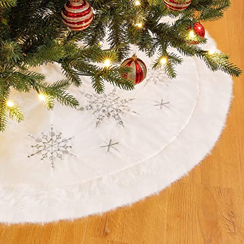 Yorbay Tannenbaum Decke, kunstfell Weiß Rund Rock Teppich mit Silbernen Schneeflocken für Schnee Christbaum Deko(122cm) von Yorbay