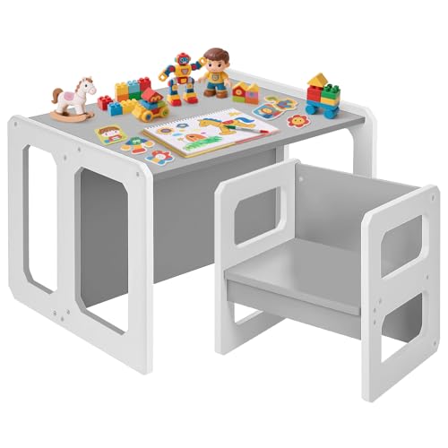 Yorbay Tisch und Stuhl Set für Kinder Kinderschreibtisch mit 1 Hockern, Kindersitzgruppe 3 in 1-Wendehocker & zum Kinderarbeitsplatz umwandelbarer Kinderbank, Kindermöbel 61,5 x 50 x 46 (Grau, L) von Yorbay
