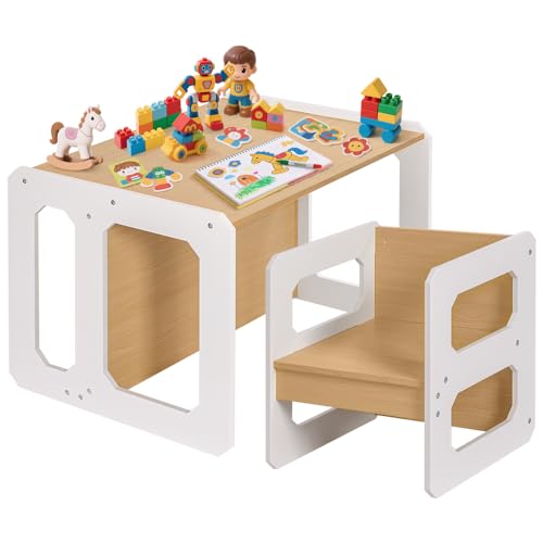 Yorbay Tisch und Stuhl Set für Kinder Kinderschreibtisch mit 1 Hockern, Kindersitzgruppe 3 in 1-Wendehocker & zum Kinderarbeitsplatz umwandelbarer Kinderbank, Kindermöbel 61,5 x 50 x 46 (Natur, L) von Yorbay