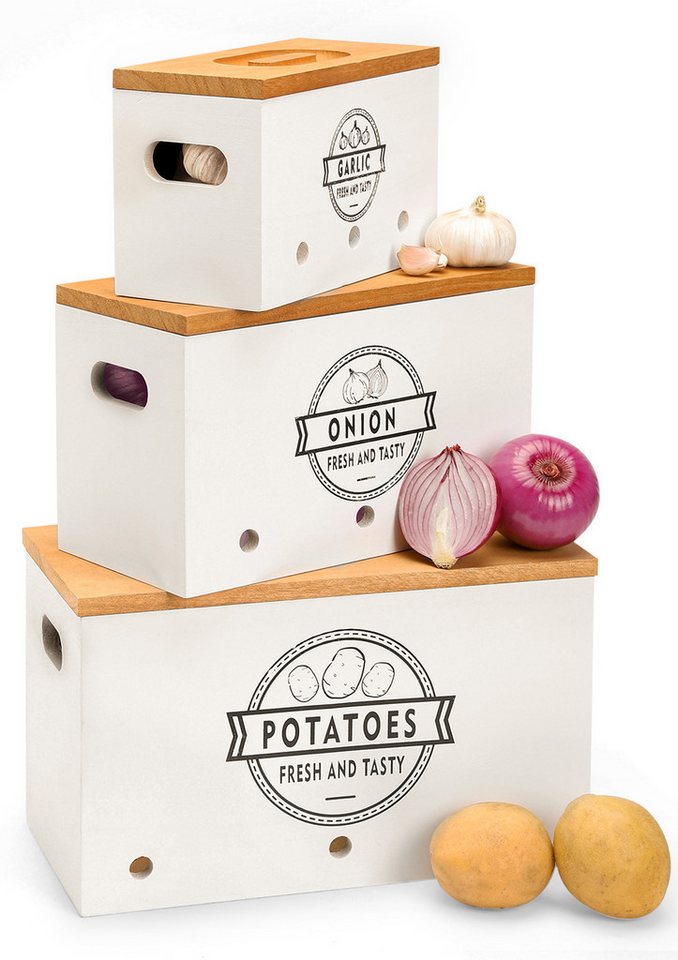 Yorbay Vorratsdose 3er Set Kartoffel Aufbewahrungsbox, Zwiebel Kartoffel Knoblauch, (Aufbewahrung Mit Deckel, aus Holz, Schwarz oder Weiß), Vorratsbehälter für Kartoffeln, Zwiebeln, Knoblauch, Gemüse, Früchte von Yorbay