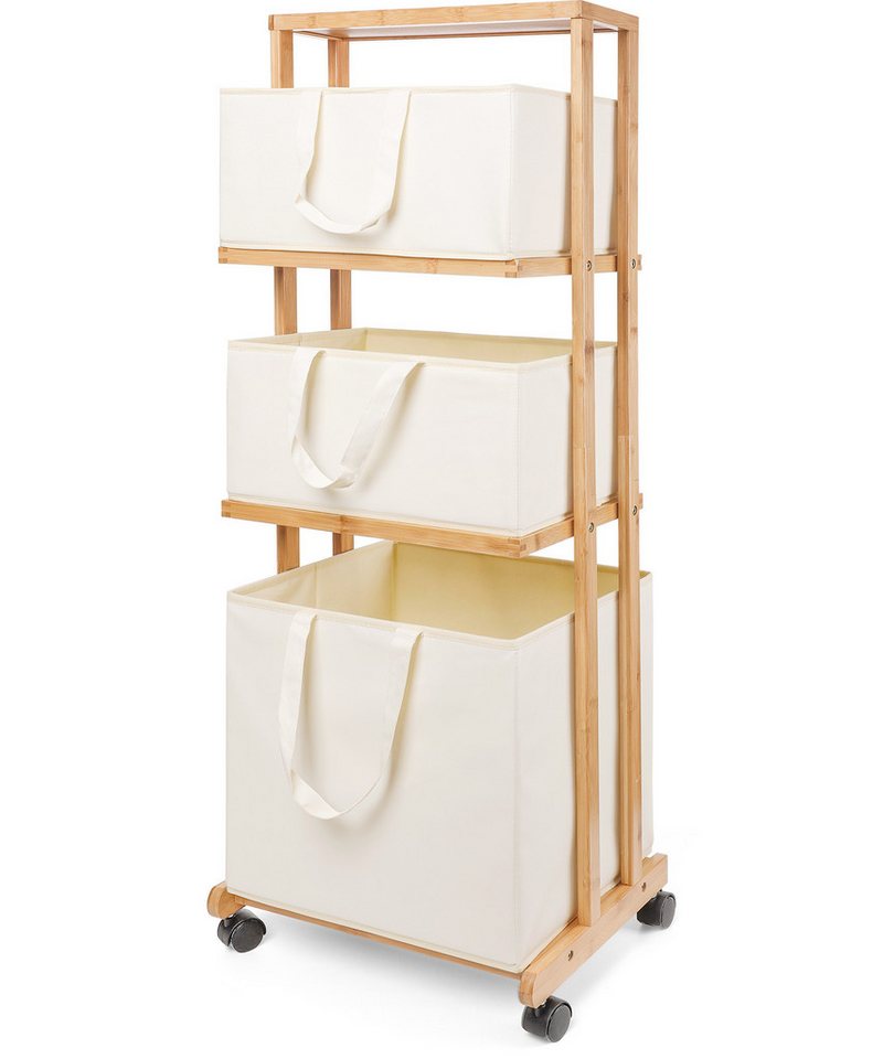 Yorbay Wäschekorb Wäschesammler aus Bambus 50kg belastbar, 115x36x45.5cm (Mit Rollen, mit 4 Ebenen, mit 3 abnehmbaren Aufbewahrungskörben), Badregal Wäschewagen Wäschebehälter für Badezimmer, Waschküche von Yorbay