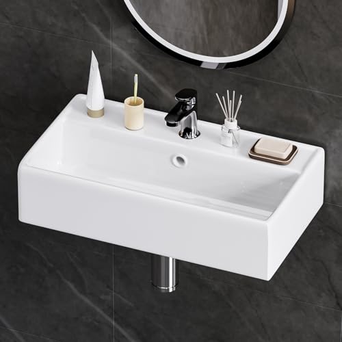 Yorbay Wandmontage Keramik Weiß Waschbecken: Rechteckig Hängewaschbecken mit Wasserhahnbohrung - Modern Waschtisch für Badezimmer ohne Armatur 55 x 31 x 13.5 cm von Yorbay