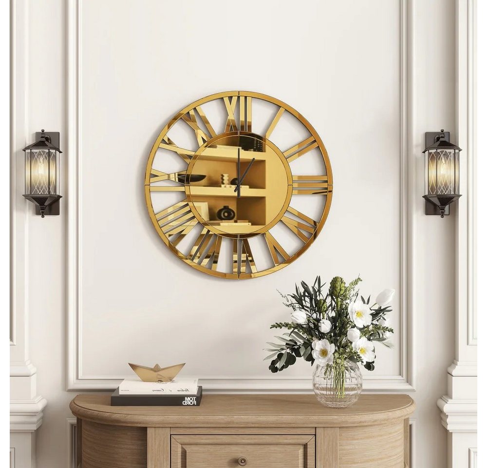 Yorbay Wanduhr Runde Spiegel-Wanduhr mit Romischen Ziffern & Holzrückwand (für Wohnzimmer, Schlafzimmer, Küche, Restaurants) von Yorbay