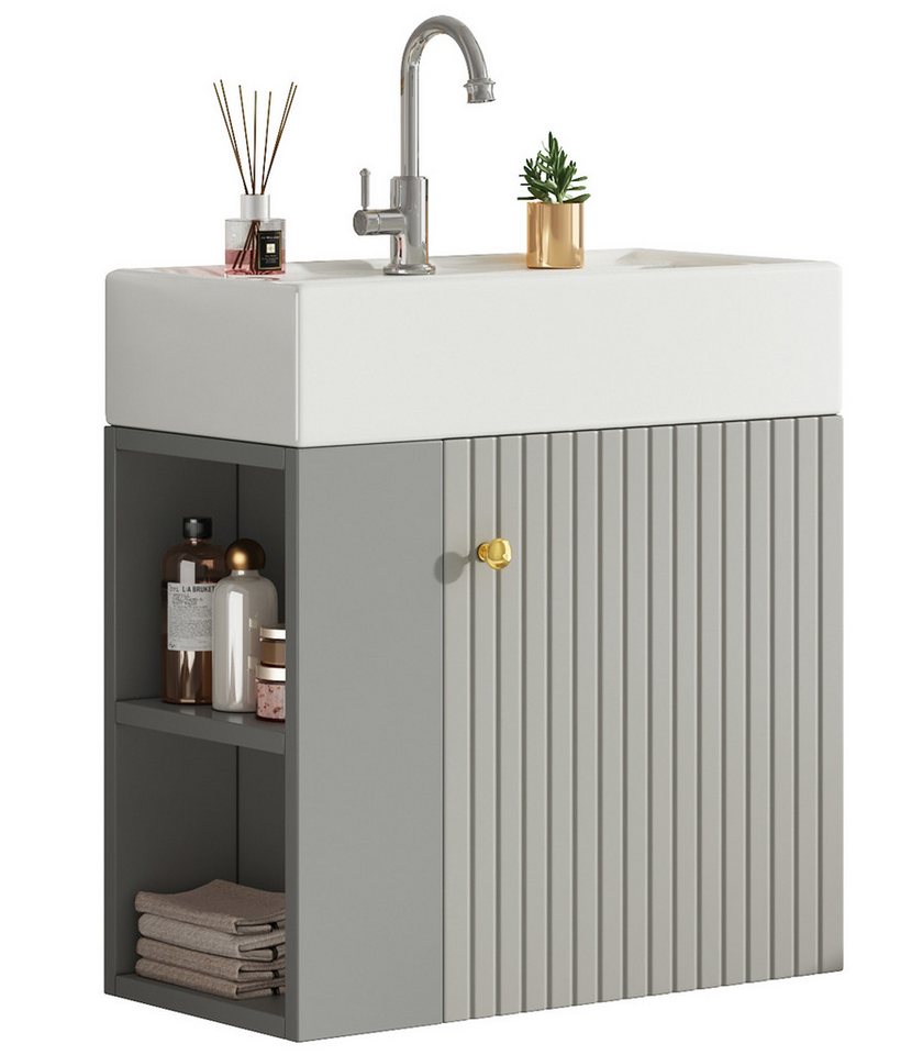 Yorbay Waschtisch Badmöbel Waschtischunterschrank (Breite 55 cm, Badschrank mit Waschbecken), Waschbecken mit Waschtisch für kleine Badezimmer von Yorbay
