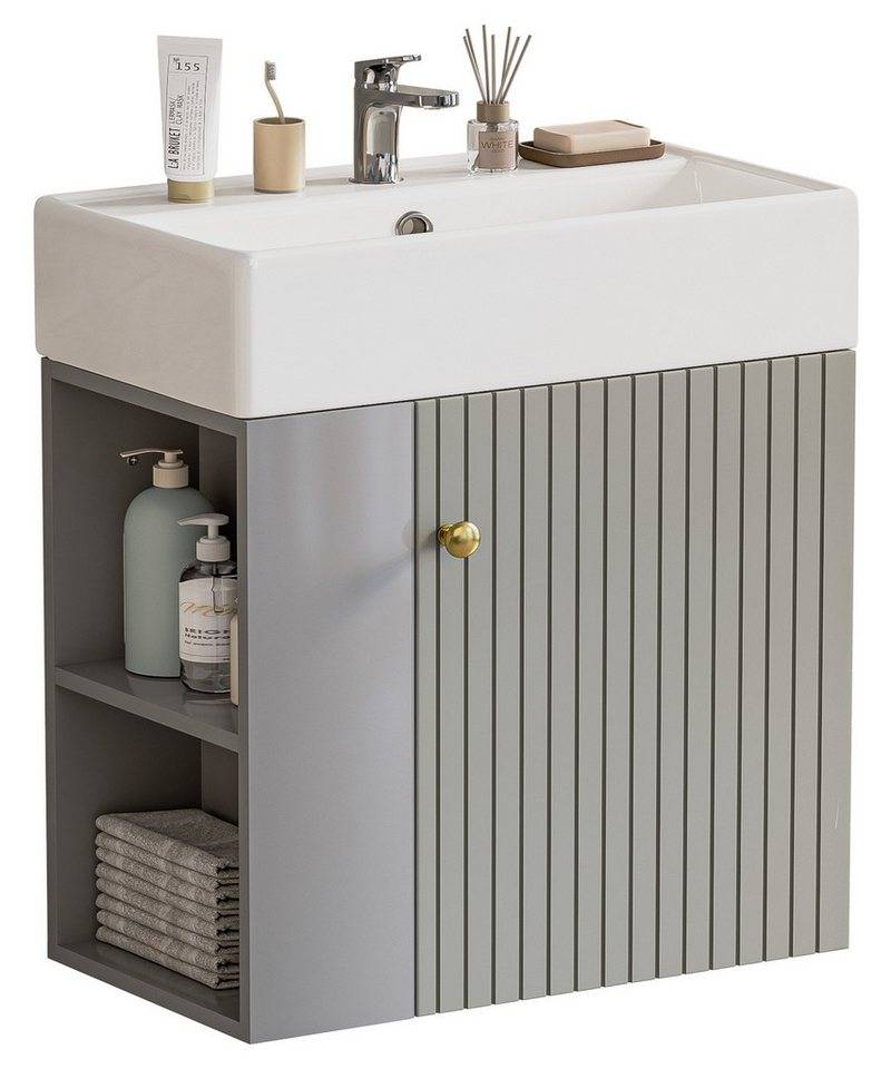 Yorbay Waschtisch Badmöbel Waschtischunterschrank (Breite 55 cm, Badschrank mit Waschbecken), Waschbecken mit Waschtisch für kleine Badezimmer von Yorbay