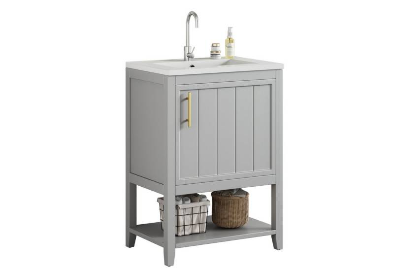 Yorbay Waschtisch Waschtischunterschrank 60 cm (mit Keramikwaschbecken und Ablage, Bodenständig), Badmöbel für Badezimmer von Yorbay