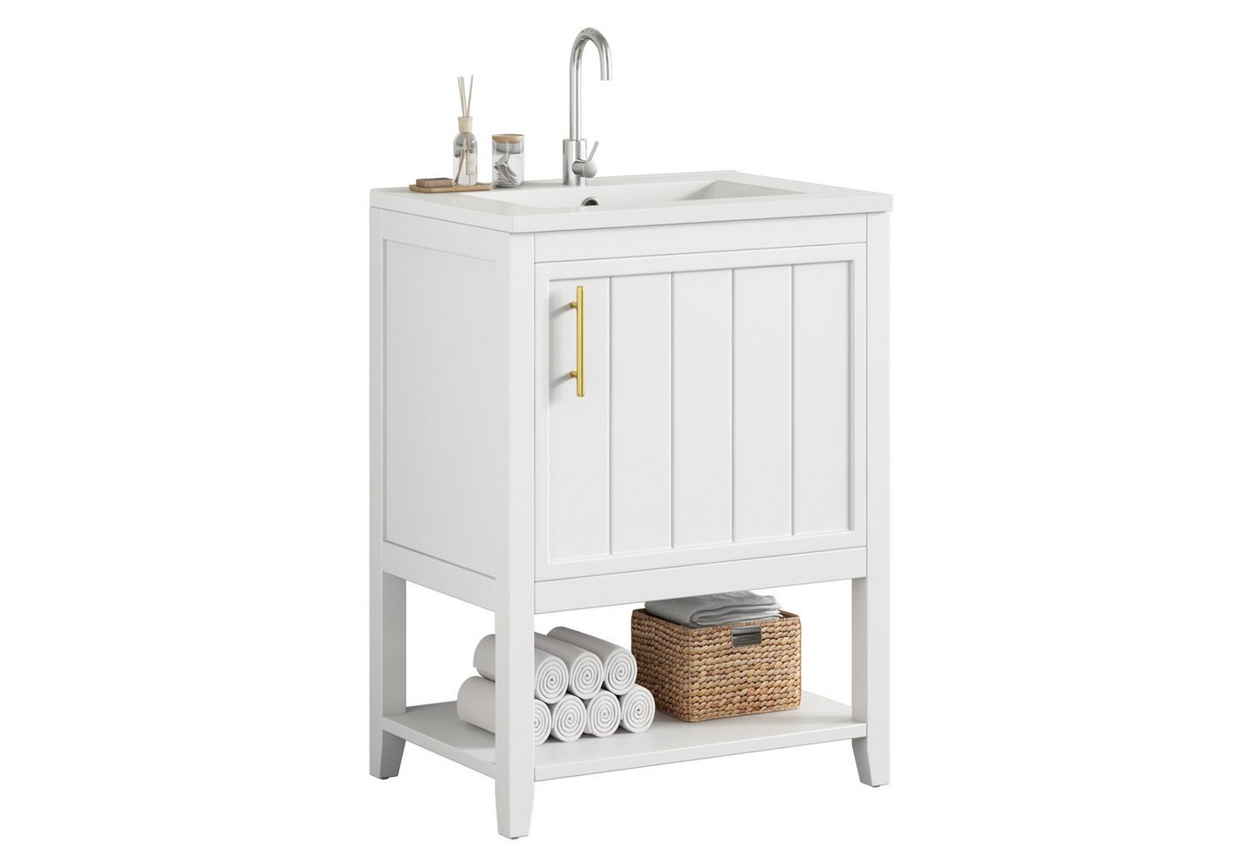 Yorbay Waschtisch Waschtischunterschrank 60 cm (mit Keramikwaschbecken und Ablage, Bodenständig), Badmöbel für Badezimmer von Yorbay