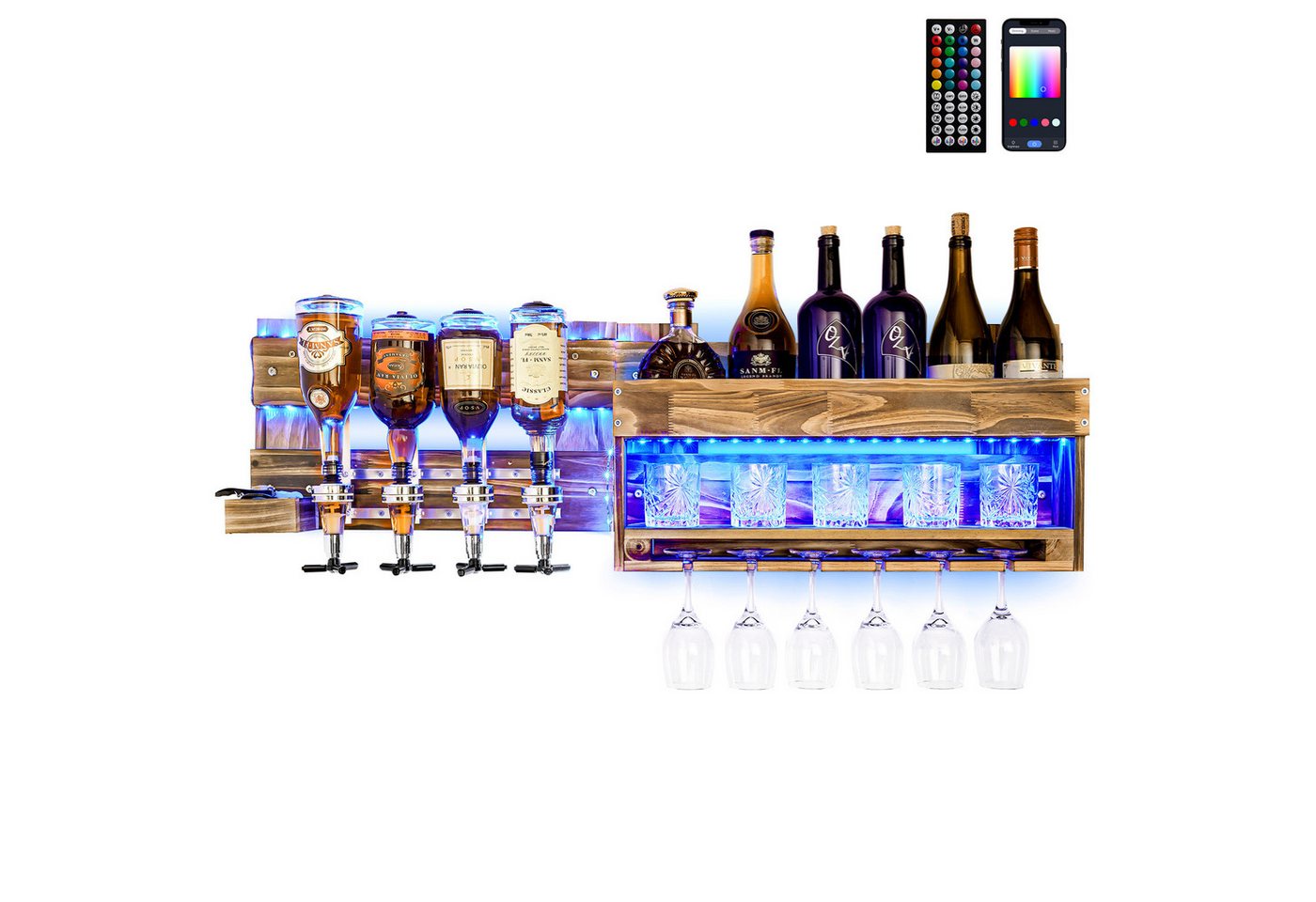 Yorbay Weinregal Weinregal aus Holz, Wandbar mit 4 Getränkespender Wandmontage, Mit LED Beleuchtung, Mit Fernbedienung Flaschenhalter Vintage Stil von Yorbay