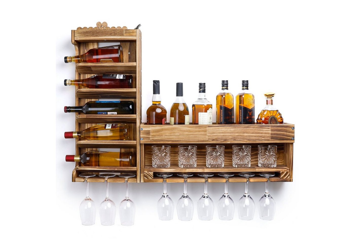 Yorbay Weinregal Weinregal aus Holz, Wandbar mit Korkhalter, Holzregal für Weingläser, Whiskygläser, Wandmontage Wand Flaschenhalter Vintage Stil für Hausbar von Yorbay