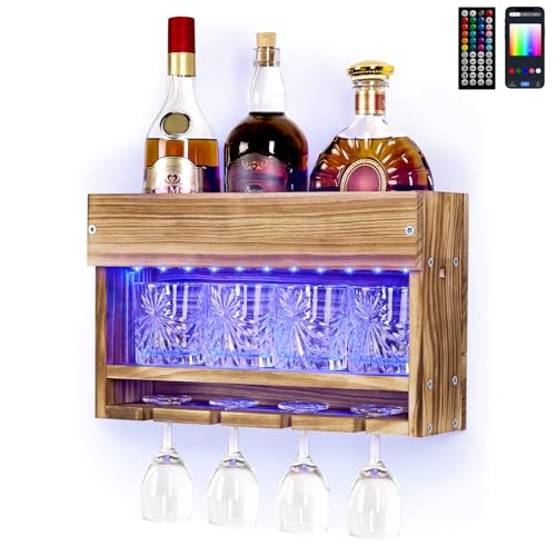 Yorbay Weinregal mit LED-Licht, Weinregal Palette Beflammt Holz Wand mit 4 Aufhängelöchern, Wandbar für Weingläser, Whiskygläser, Hausbar, Palettenmöbel, Vintage, Geschenk von Yorbay