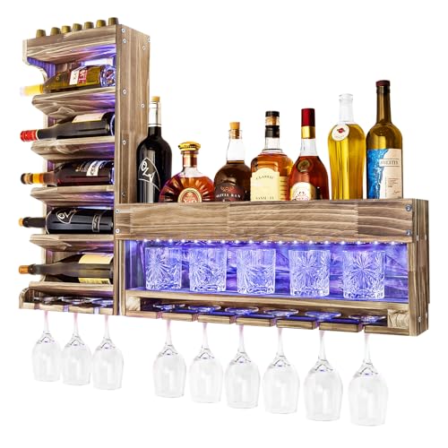 Yorbay Weinregal mit LED-Licht Palette Beflammt Holz, Wandbar mit Korkhalter, für Weingläser,Whiskygläser,Flaschenhalter Hausbar,Vintage, Geschenk von Yorbay