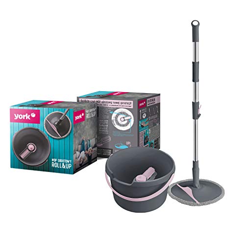 York Roll&up Bodenwischer mit Eimer - Teleskopstiel - Innovative Auswringfunktion- Klappplatte Wischbezug Mit Klett - Grau und Rosa - Putzset von York
